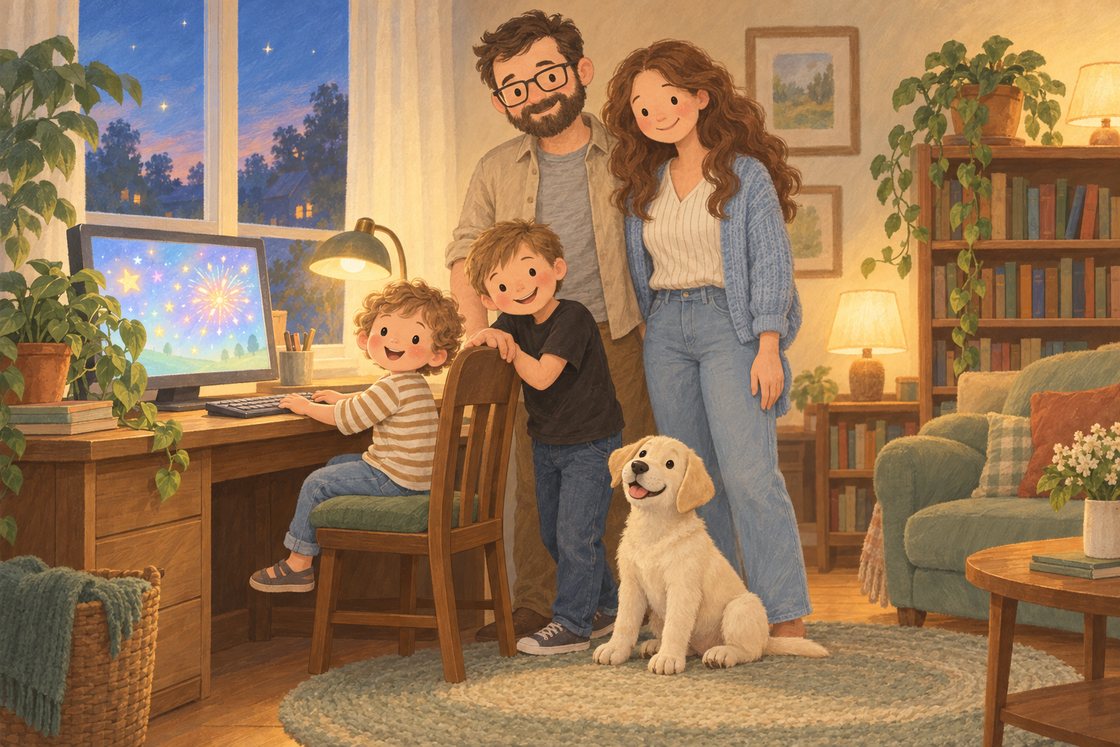 Gleznota ģimene mājās pie datora: tētis, mamma, divi dēli un gaišs labradora kucēns